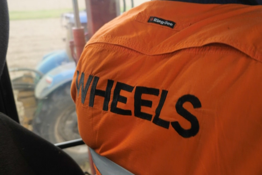 the back of a high-vis vest has the name "wheels" written on it 