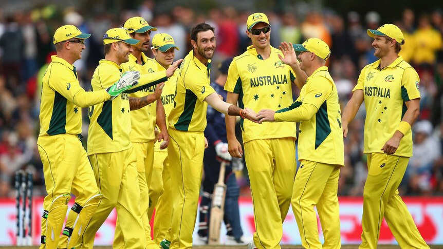 Glenn Maxwell of Australia celebrates a wicket