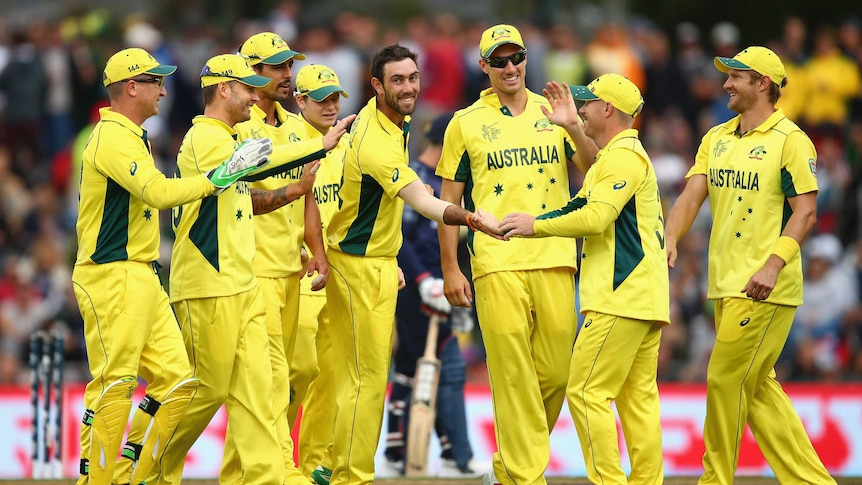 Glenn Maxwell of Australia celebrates a wicket