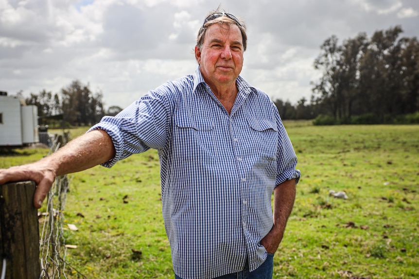 A man in a blue shirt stands outside