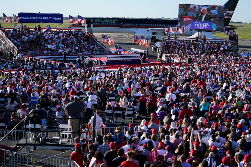 Former President Donald Trump speaks at a campaign rally at Waco Regional Airport.