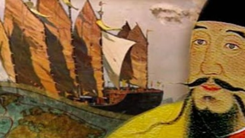 Image shows Zheng He's ship (L) and his face (R).