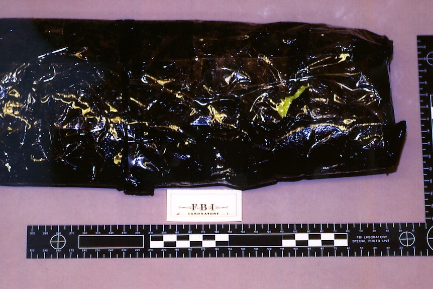 A black garbage bag next to an evidence marker.