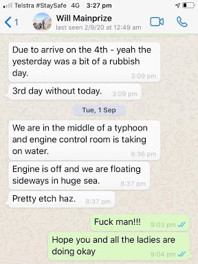 Whatsapp conversation screenshot. Mr Mainprize describes the situation as very hairy and says the engine is taking on water