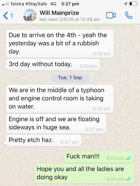 Whatsapp conversation screenshot. Mr Mainprize describes the situation as very hairy and says the engine is taking on water