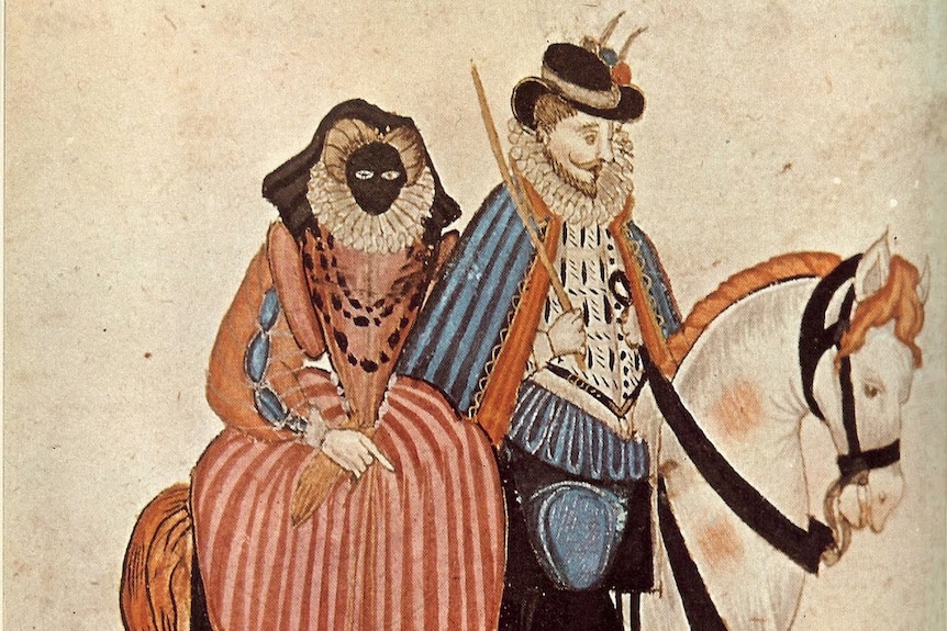 Painting of man and woman in 16th century upper class clothing riding a horse. Woman is wearing a mask covering her whole face.