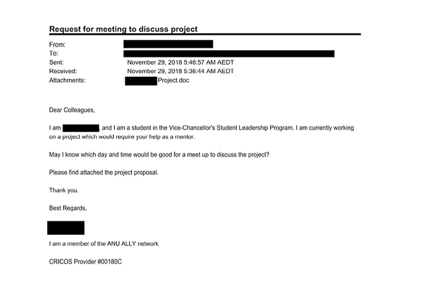 Spear phishing email sent to ANU staff requesting meeting to discuss project.