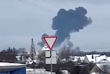 A plume of smoke billows up in the sky after a plane crash.