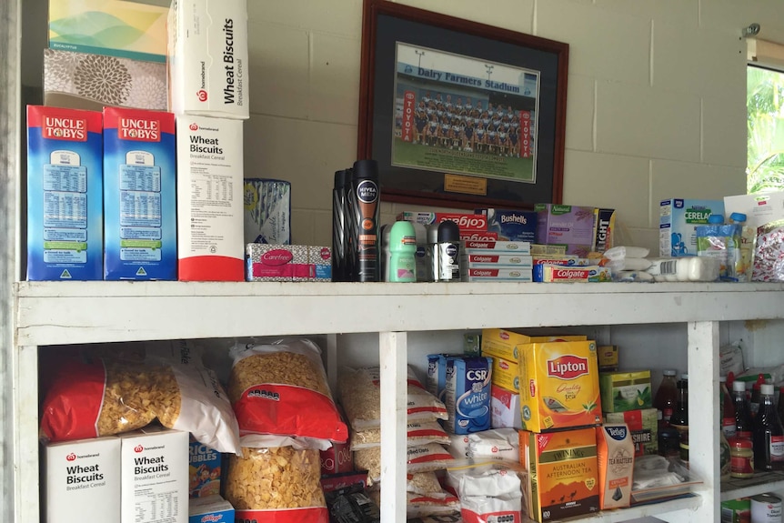 Joe Collocott's garage, where he stores food donated for sacked Queensland Nickel workers.