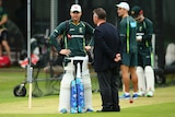 Australia's Michael Clarke talks to chairman of selectors Rod Marsh during net session at Lord's.