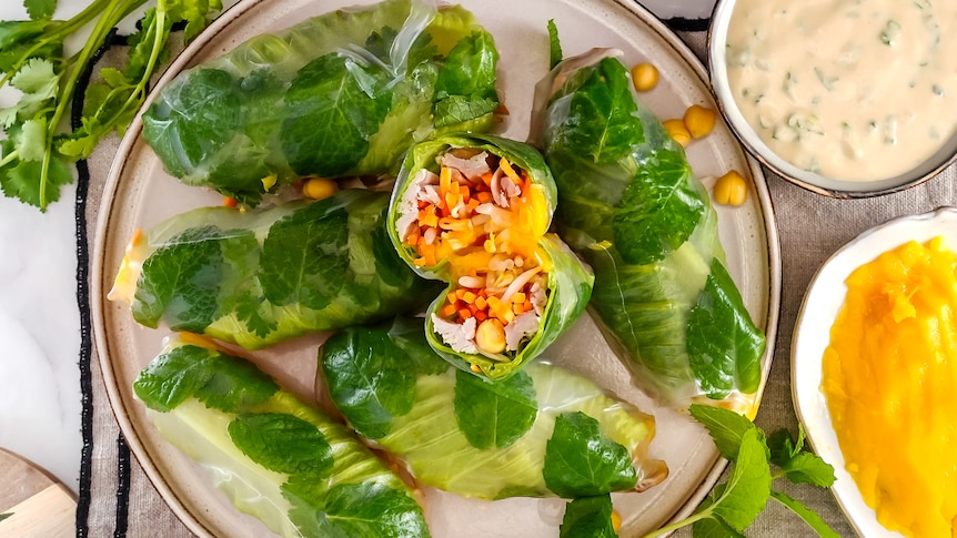 A plate of chicken and mango rice paper rolls, with one sliced open to display the salad and meat filling.