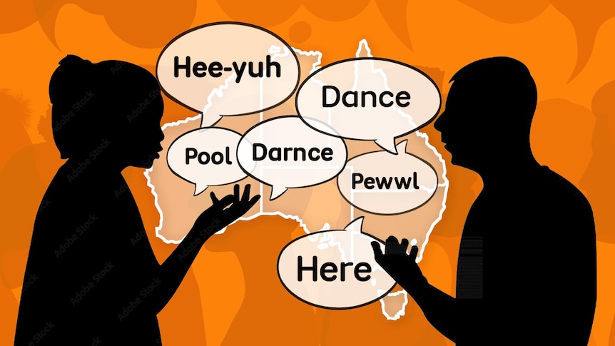 Two silhouettes speak in different Australian accents over a map of the country