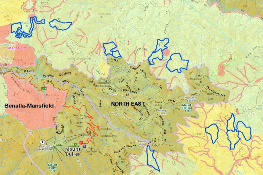 A screenshot of a Victorian map with several areas highlighted in blue