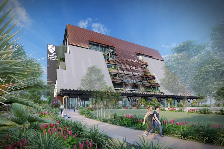An artist's impression of a modern, architecturally designed university building, surrounded by greenery. 