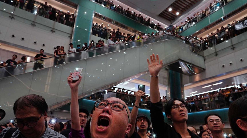 Hundreds of protestors gathered at a mall in Hong Kong and sang their anthem.
