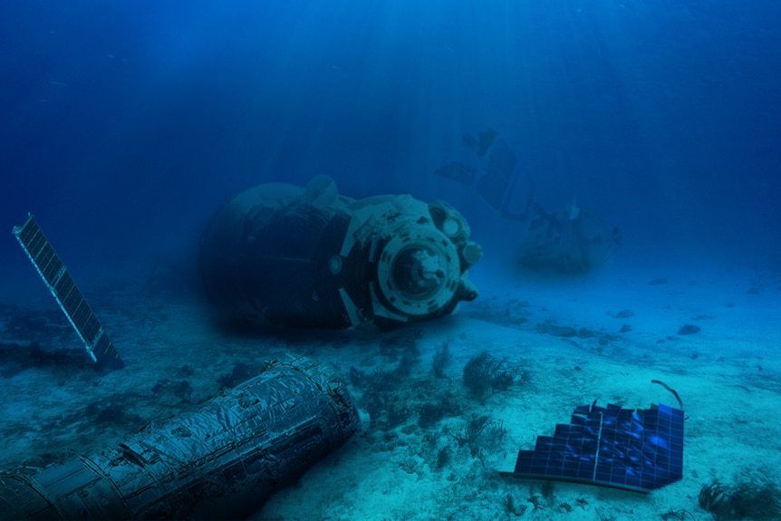 A graphic showing spacecraft parts scattered across the ocean floor.