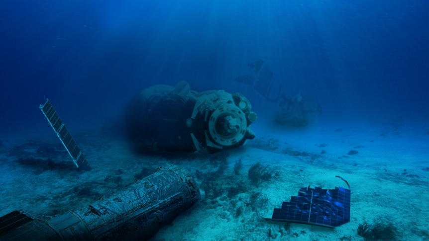 A graphic showing spacecraft parts scattered across the ocean floor.