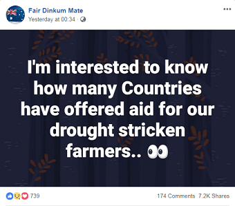 A Facebook post with the caption "I'm interested to know how many countries have offered aid for our drought stricken farmers"