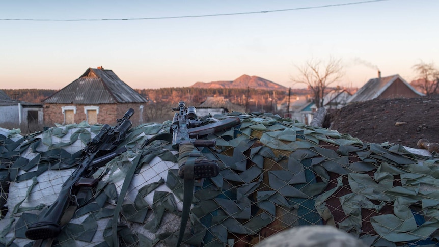 Guns rest on a position looking over the rebel Donetsk People's Republic territory.