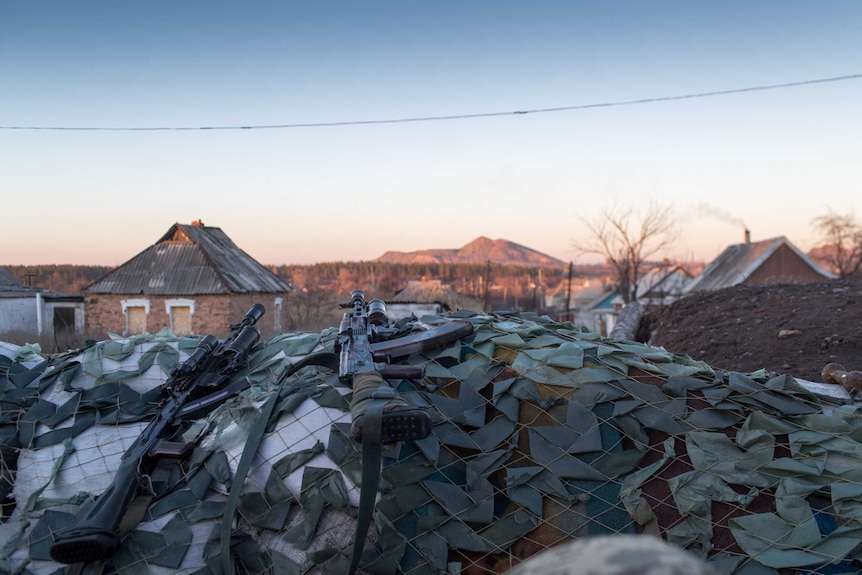 Guns rest on a position looking over the rebel Donetsk People's Republic territory.