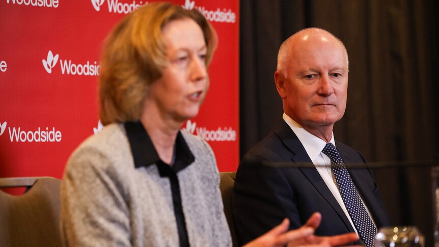 Meg O'Neill and Richard Goyder sitting and speaking to the media