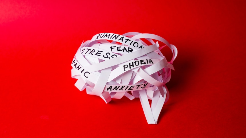 Image of strips of paper scrunched into the shape of a brain. The paper says words like "stress" and "anxiety".