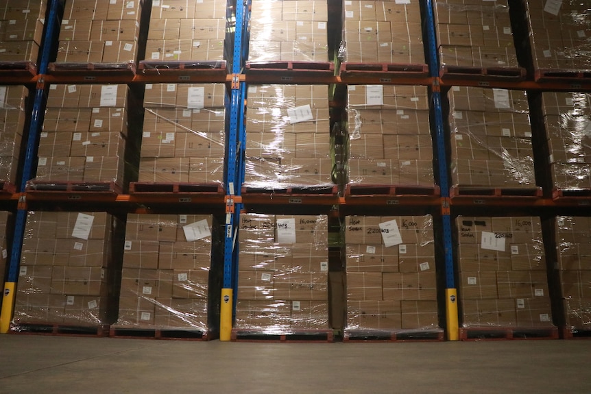 Perth warehouse full of boxes of rapid antigen tests. 