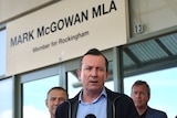 WA Premier Mark McGowan speaks in front of his Rockingham electorate office with Roger Cook.