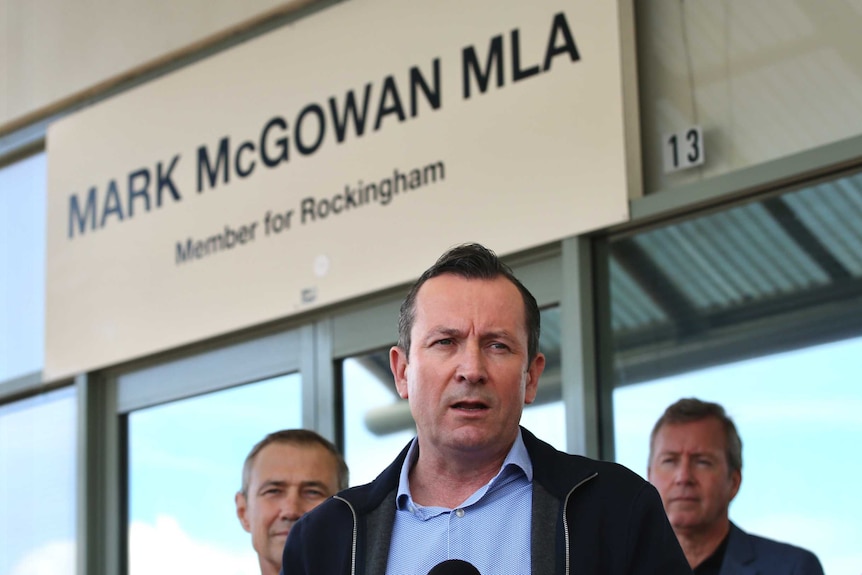 WA Premier Mark McGowan speaks in front of his Rockingham electorate office with Roger Cook.