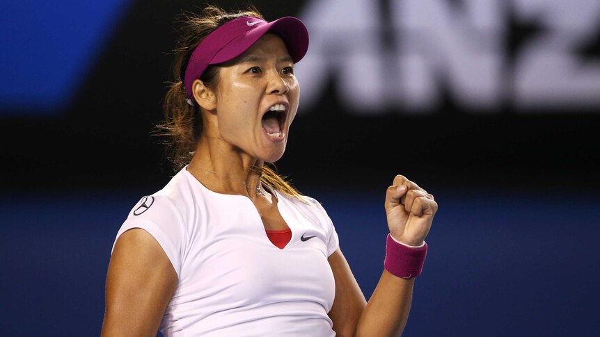 Li Na celebrates during Australian Open final