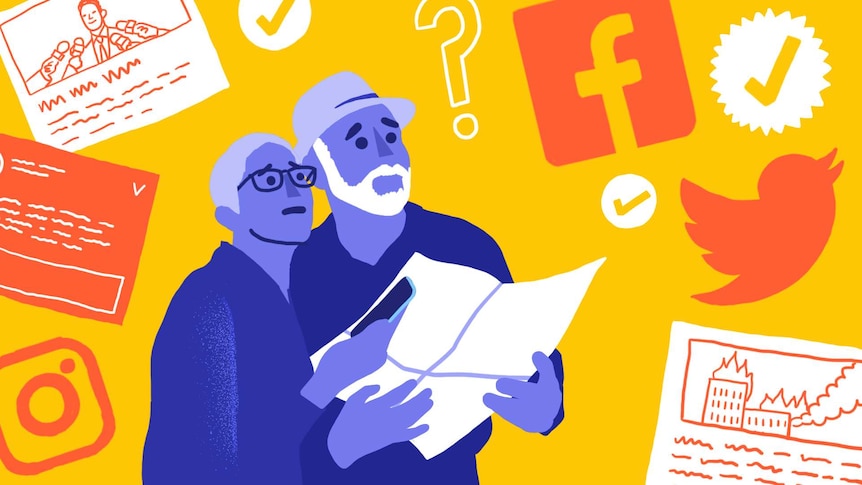 Illustration of older people with social media symbols around them for a guide to social media for non-digital natives