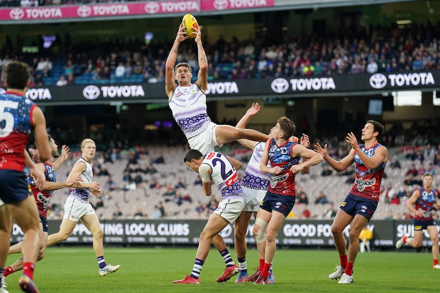 Rory Lobb of the Dockers takes a mark during the AFL Round 11 match between Melbourne and Fremantle