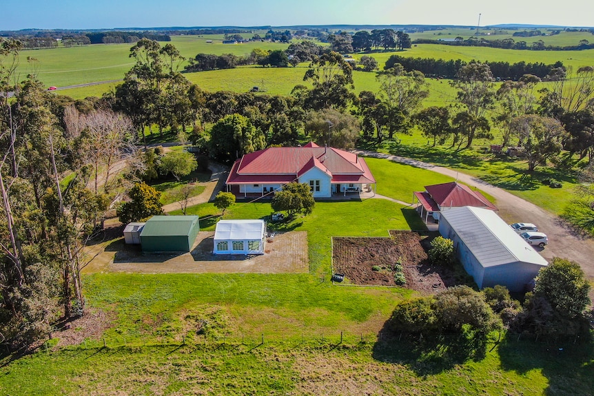 An aerial photo of a cottage surrounded by big trees and paddocks with a long driveway leading to the house.