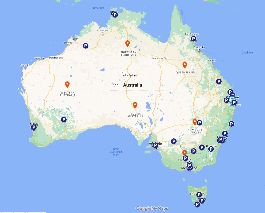 A map of Australia with blue dots scattered around the country's perimetre