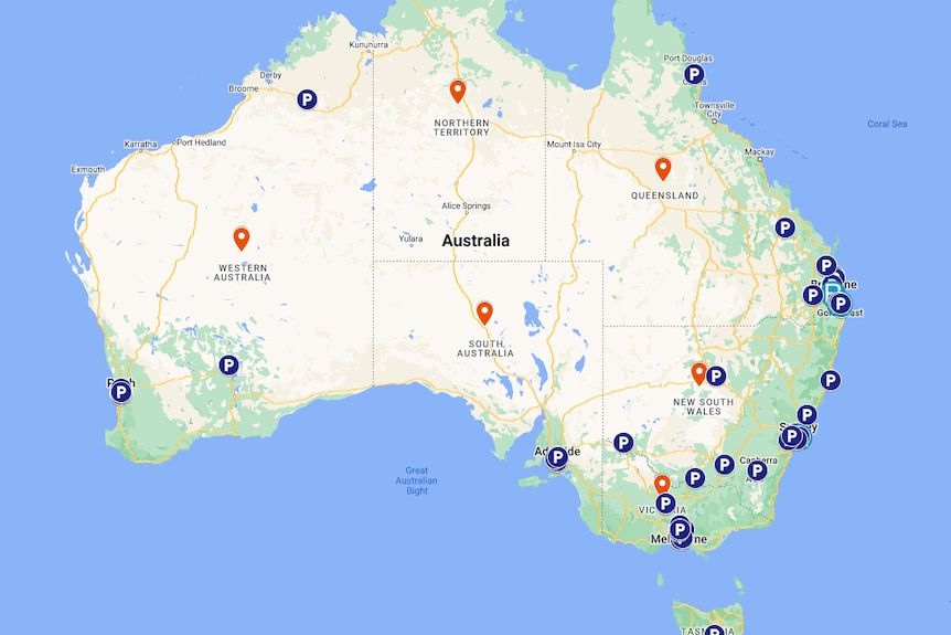 A map of Australia with blue dots scattered around the country's perimetre