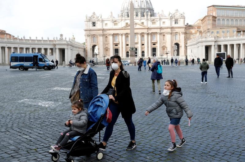 Women with protective masks on on St. Peter's Square.