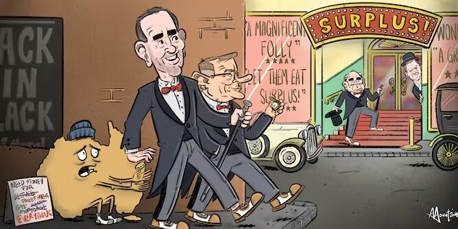 An illustration shows two men in tuxedos walking down a street as two other men beneath a 'surplus' sign look on