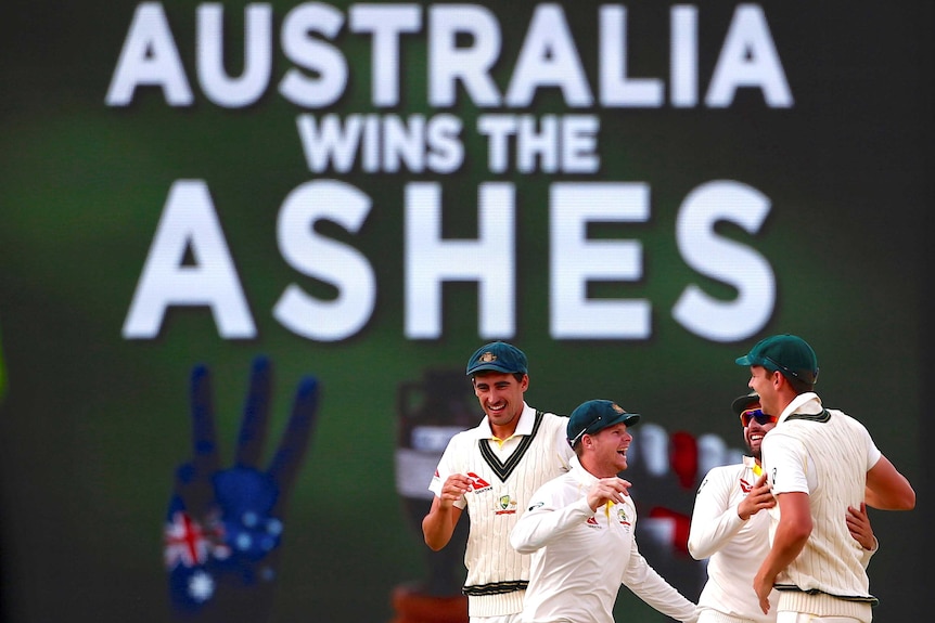 Steve Smith and teammates celebrate Ashes win at the WACA