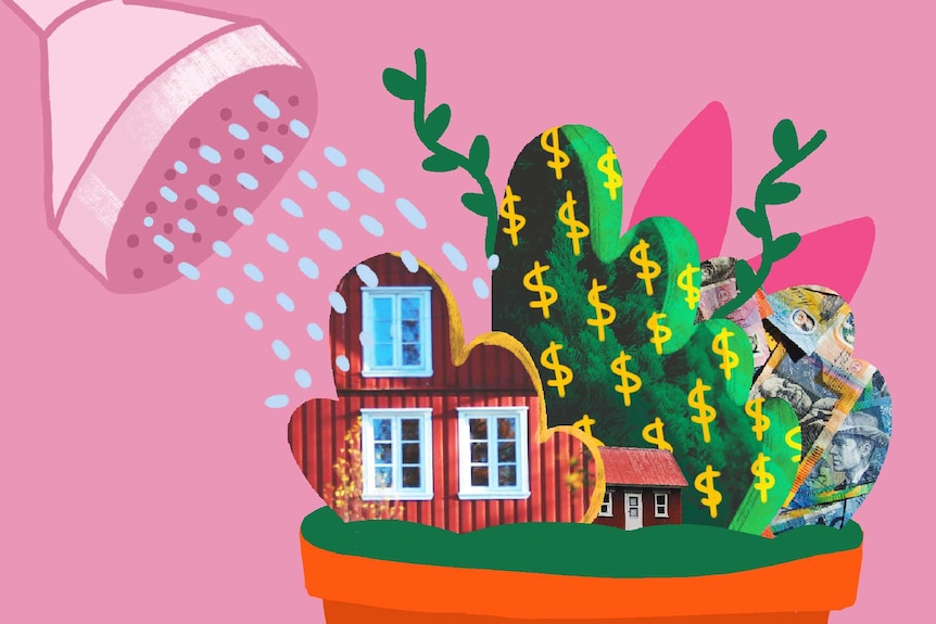 An illustration shows a house and money being watered in a depiction of salary sacrificing.