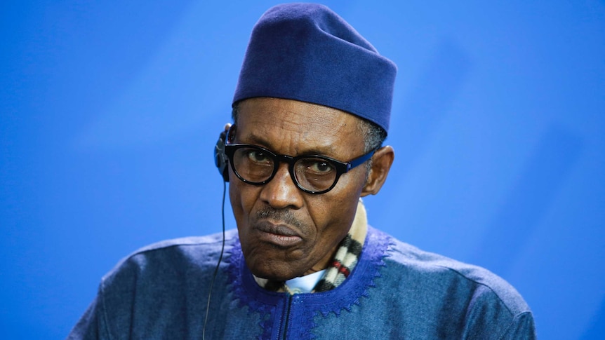 The President of Nigeria Muhammadu Buhari attends a news conference.