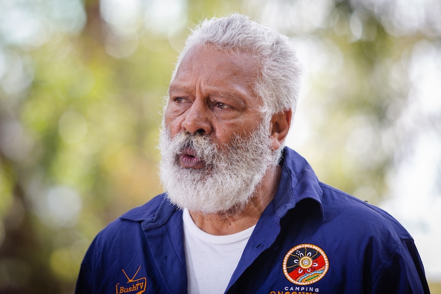 A head and shoulders shot of Ernie Dingo speaking during a media conference.