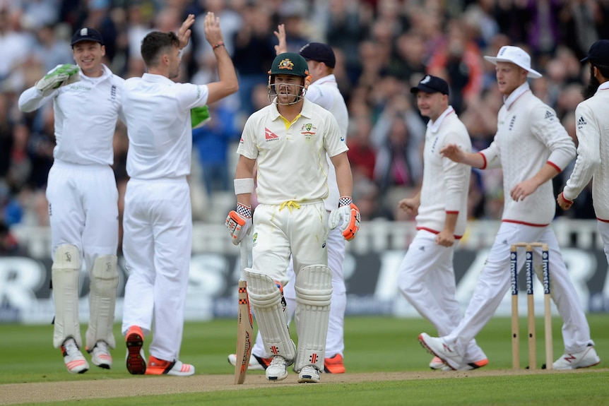 Australia's David Warner leaves after being dismissed by James Anderson on day one at Edgbaston.
