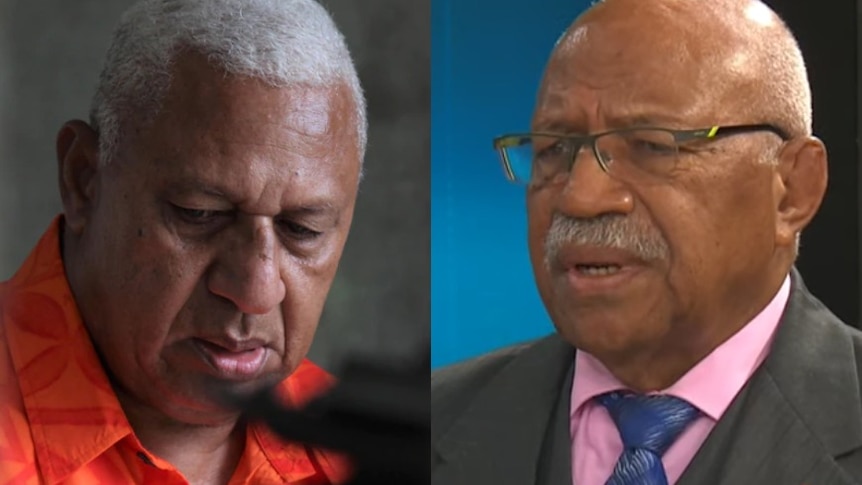 Fijian politicians Frank Bainimarama in an orange shirt and Sitiveni Rabuka wearing glasses and a suit pictured side by side