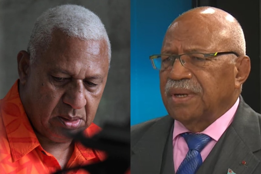 Fijian politicians Frank Bainimarama in an orange shirt and Sitiveni Rabuka wearing glasses and a suit pictured side by side