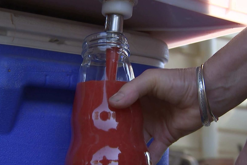 A bottle being filled with Italian passata sauce.