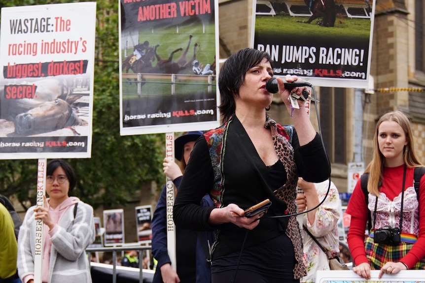 Anti-jumps campaigner Kristin Leigh at a protest.