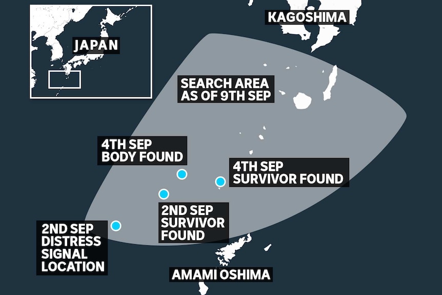 You view a map of Japan's southern islands with diagrams of the search area for the Gulf Livestock 1.