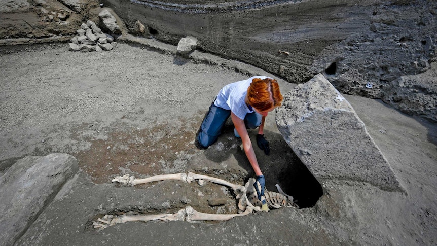 Anthropologist Valeria Amoretti works with a brush on a skeleton