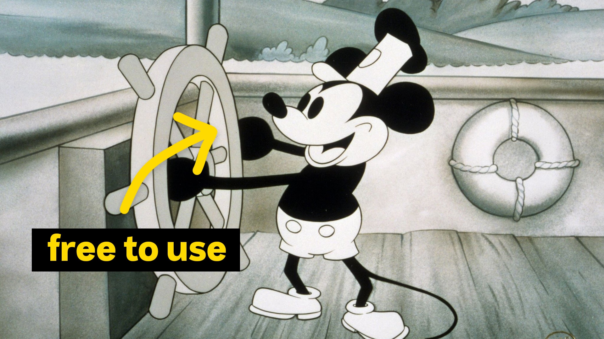 A still image from the Steamboat Willie black and white animated movie.