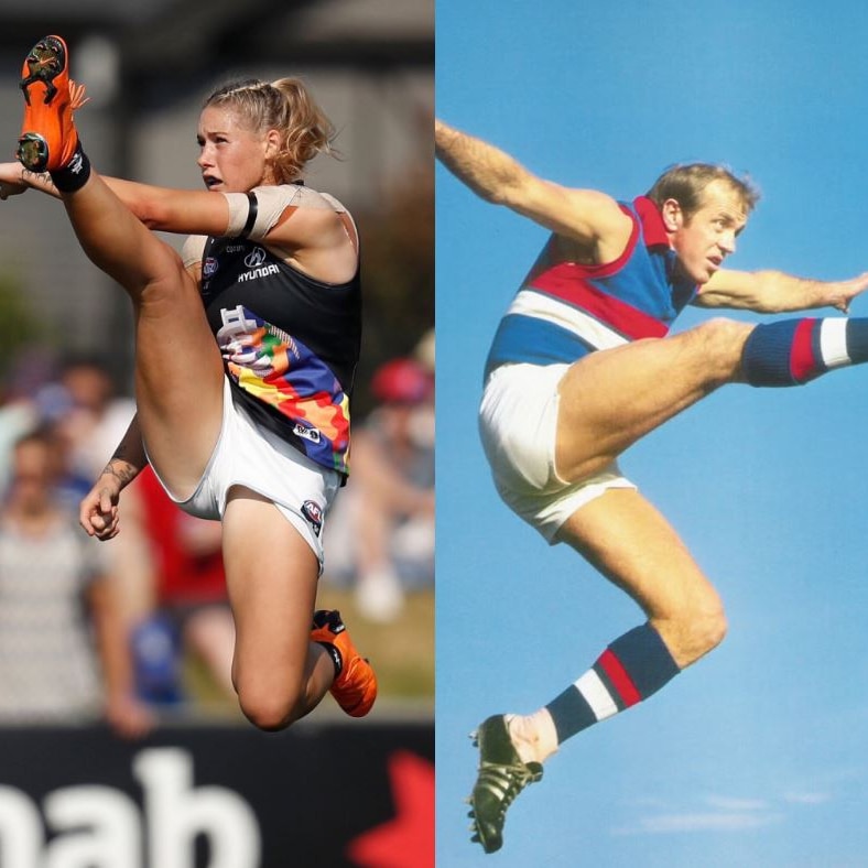 A composite image of Tayla Harris and Ted Whitten, both mid-air after kicking a football.